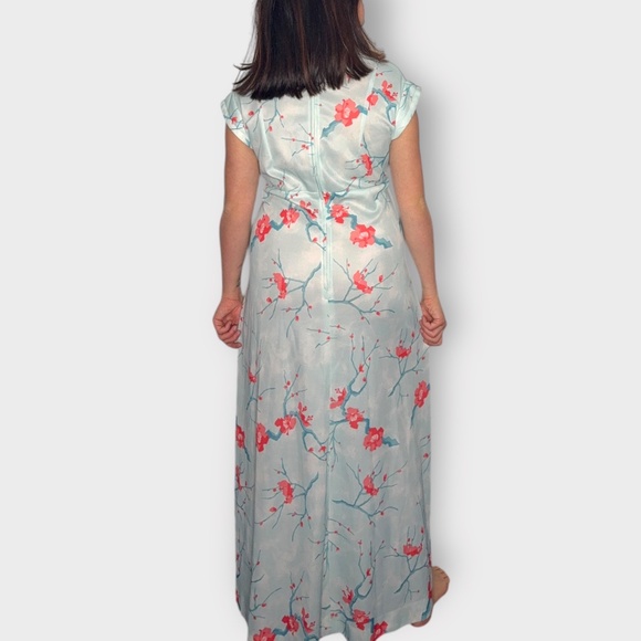 Vintage 1960s Asian Style Coral Cherry Blossom Novelty Print Blue Maxi Dress - Picture 3 of 5